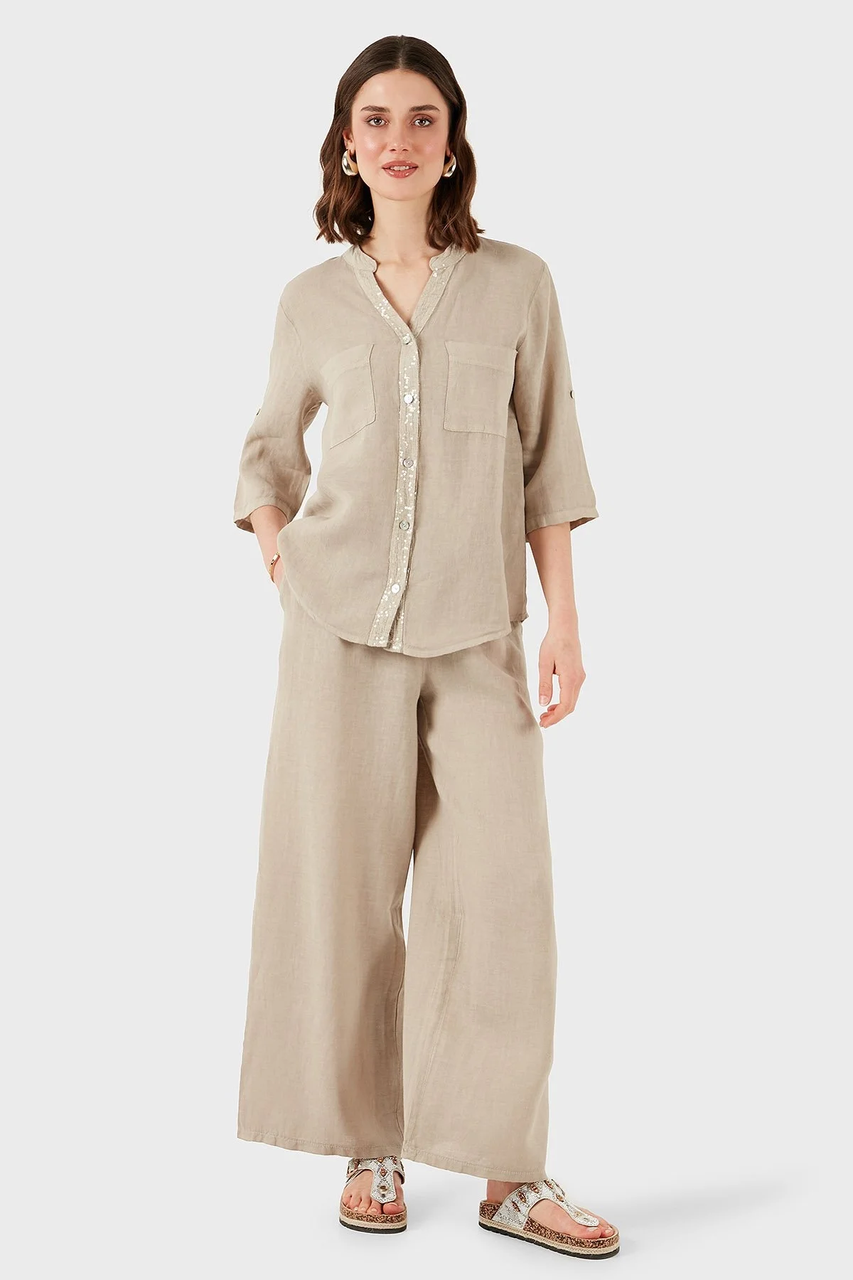 Via Dante Regular Fit V Yaka Arkası Dantel Detaylı Keten Bayan Gömlek 6665687 TAŞ - 4