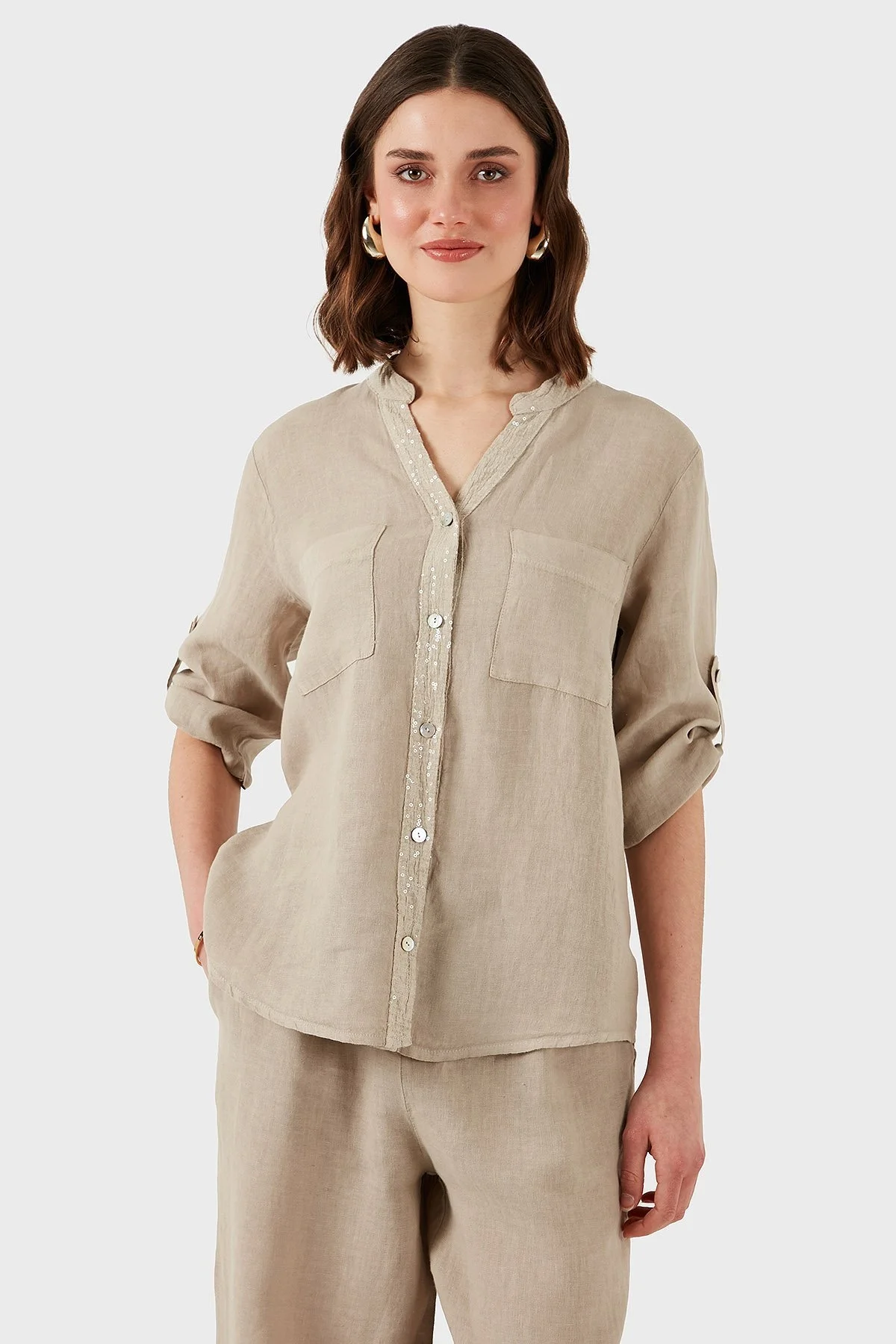 Via Dante Regular Fit V Yaka Arkası Dantel Detaylı Keten Bayan Gömlek 6665687 TAŞ - 7