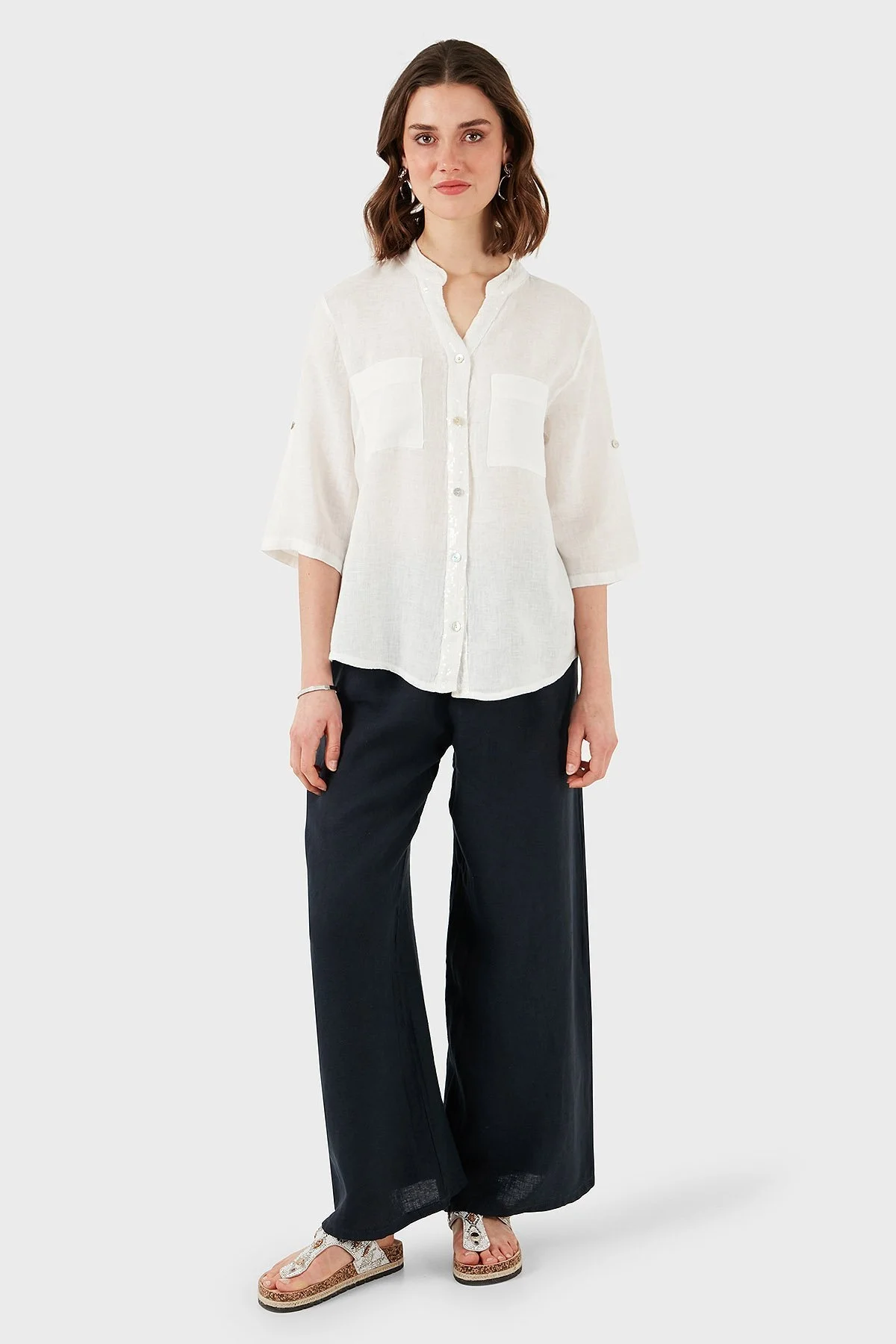 Via Dante Regular Fit V Yaka Arkası Dantel Detaylı Keten Bayan Gömlek 6665714 EKRU - 4