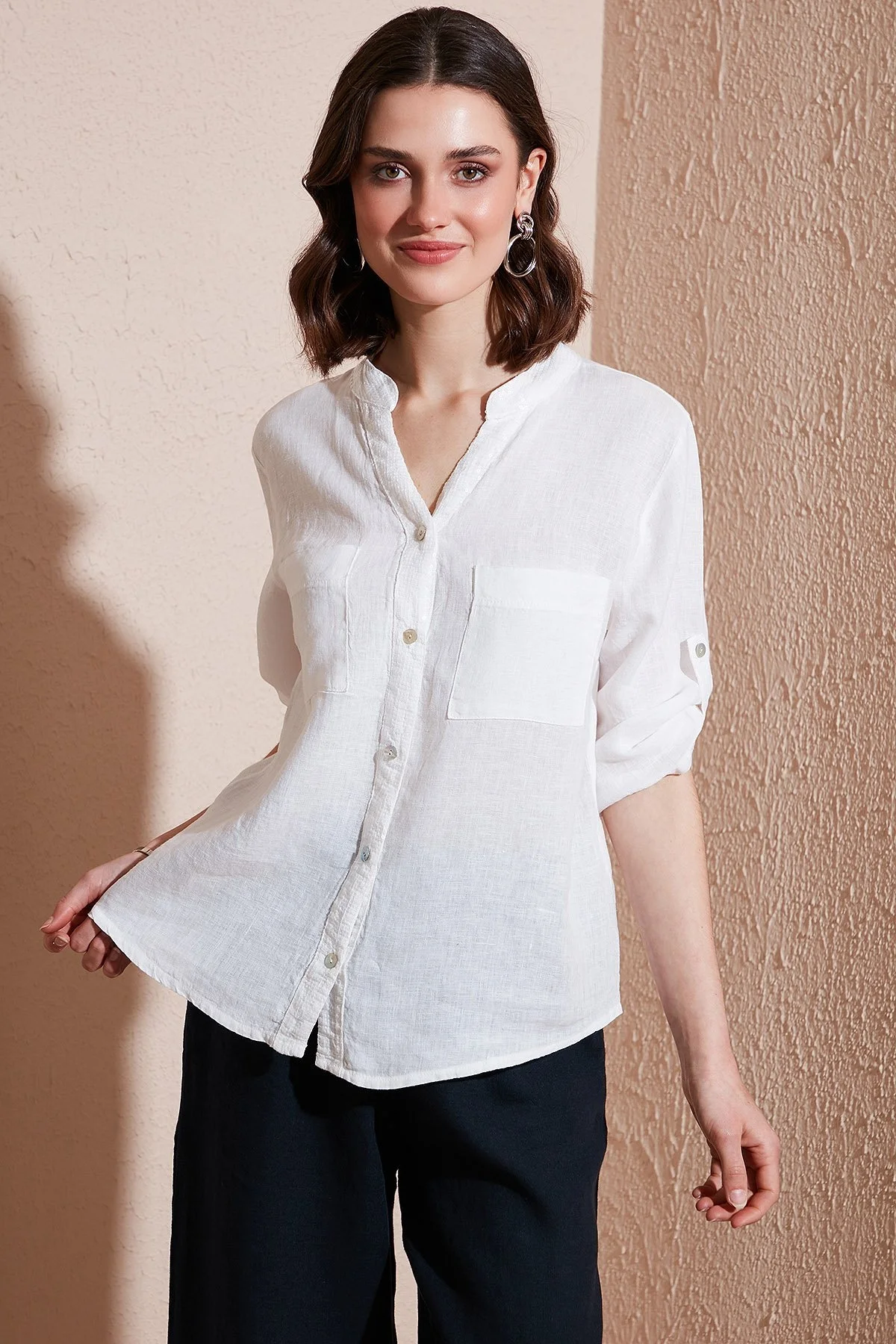 Via Dante Regular Fit V Yaka Arkası Dantel Detaylı Keten Bayan Gömlek 6665714 EKRU - 8