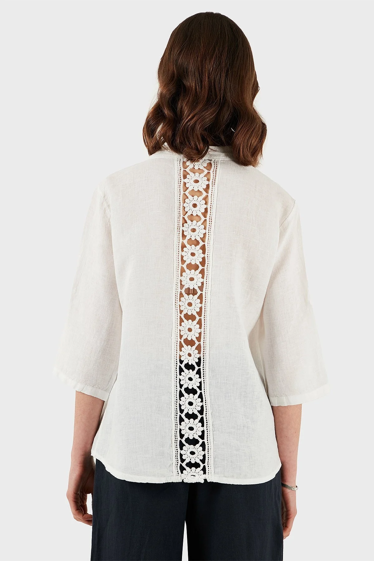 Via Dante Regular Fit V Yaka Arkası Dantel Detaylı Keten Bayan Gömlek 6665714 EKRU - 10