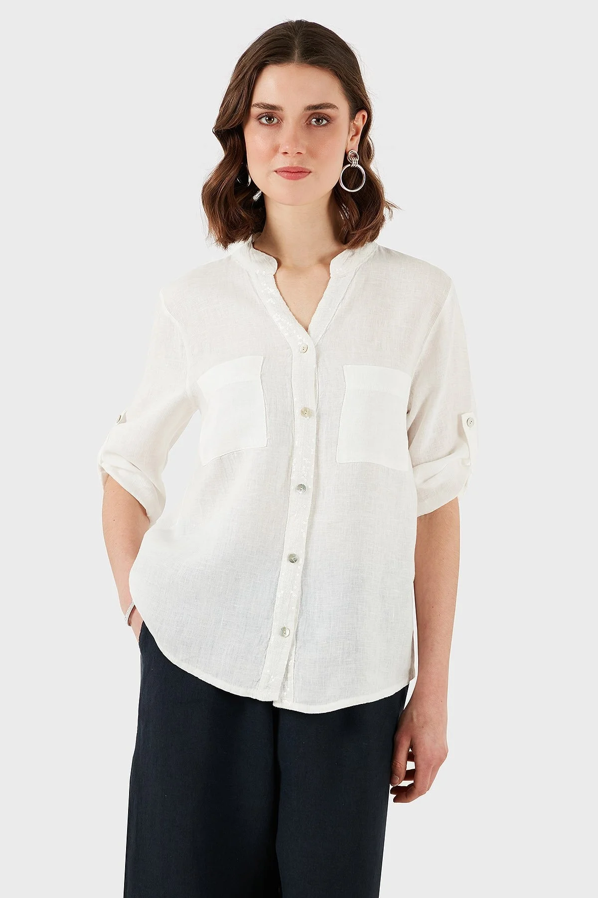 Via Dante Regular Fit V Yaka Arkası Dantel Detaylı Keten Bayan Gömlek 6665714 EKRU - 12