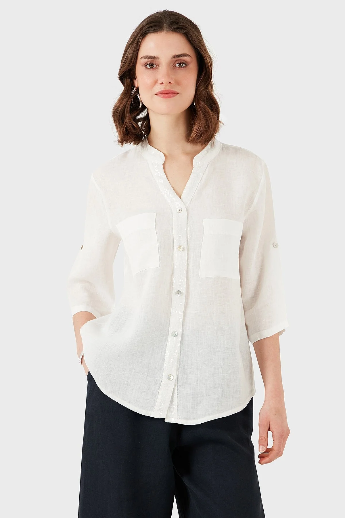 Via Dante Regular Fit V Yaka Arkası Dantel Detaylı Keten Bayan Gömlek 6665714 EKRU - 14