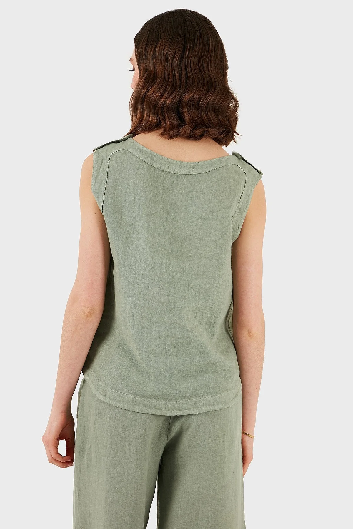 Via Dante Regular Fit Yuvarlak Yaka Oval Kesim Keten Bayan Top 6251544 HAKİ - 3