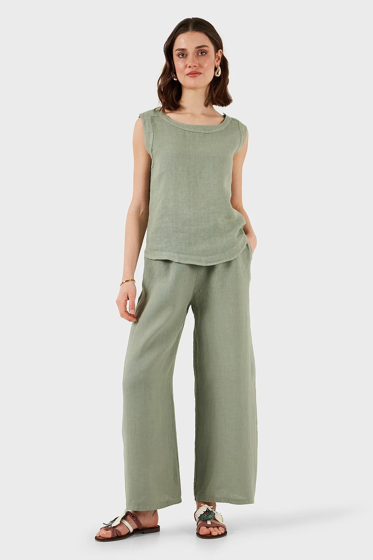 Via Dante Regular Fit Yuvarlak Yaka Oval Kesim Keten Bayan Top 6251544 HAKİ - 4