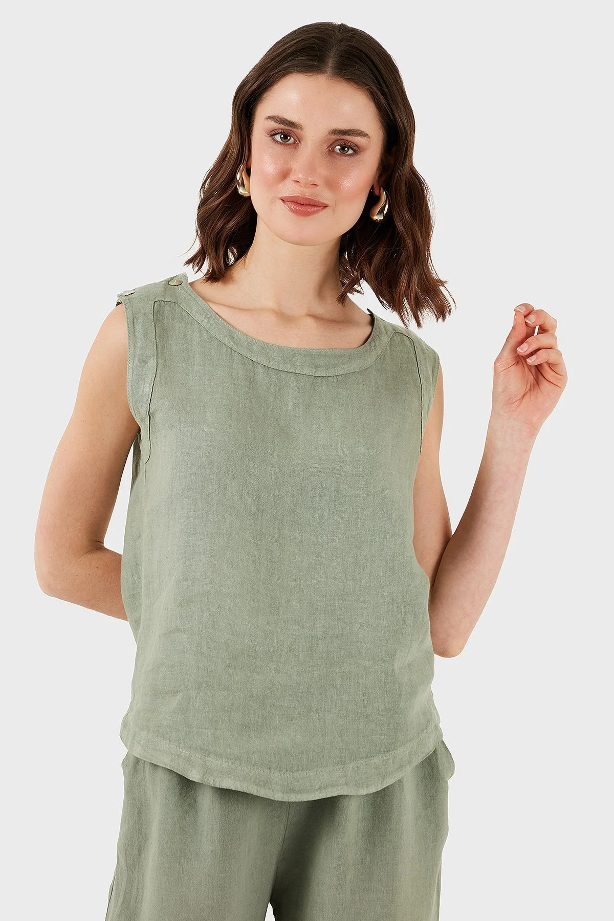 Via Dante Regular Fit Yuvarlak Yaka Oval Kesim Keten Bayan Top 6251544 HAKİ - 5