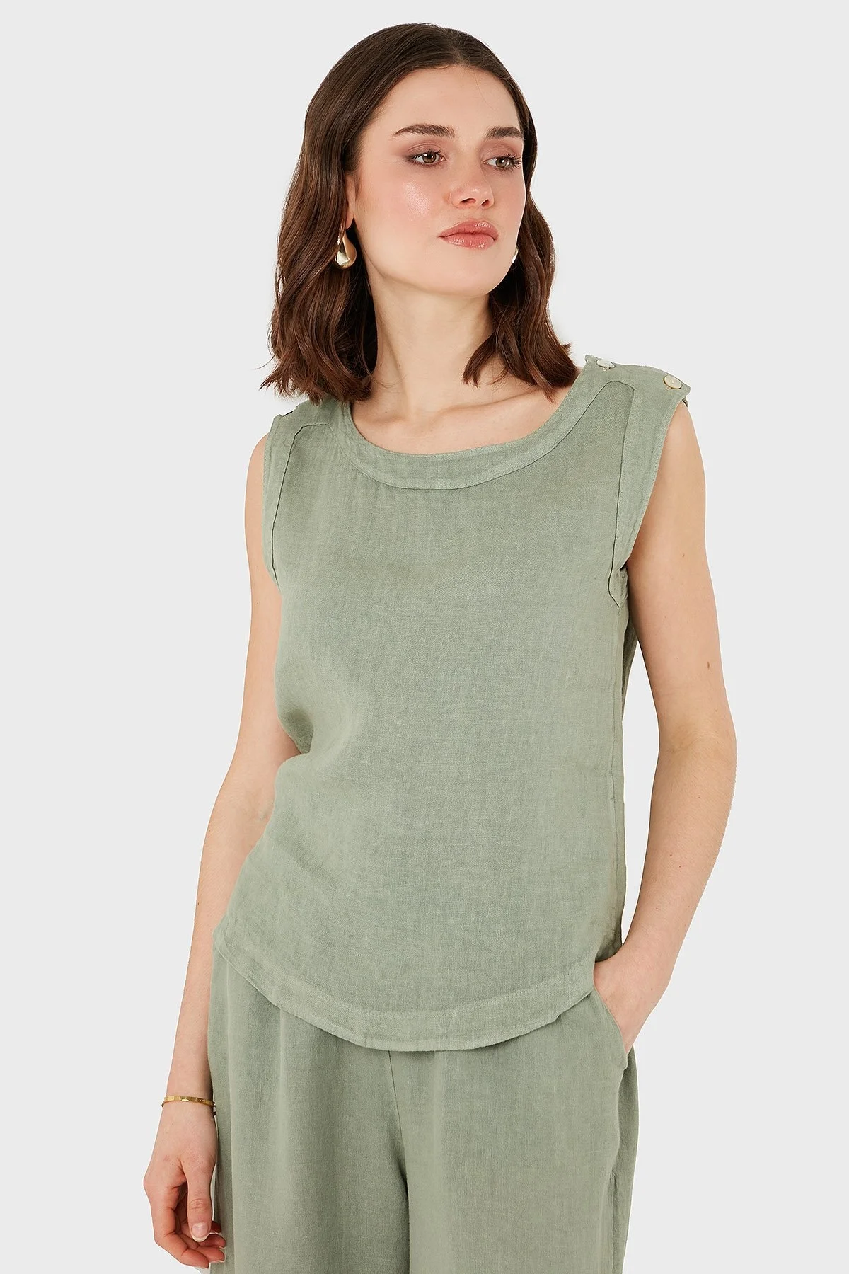 Via Dante Regular Fit Yuvarlak Yaka Oval Kesim Keten Bayan Top 6251544 HAKİ - 6