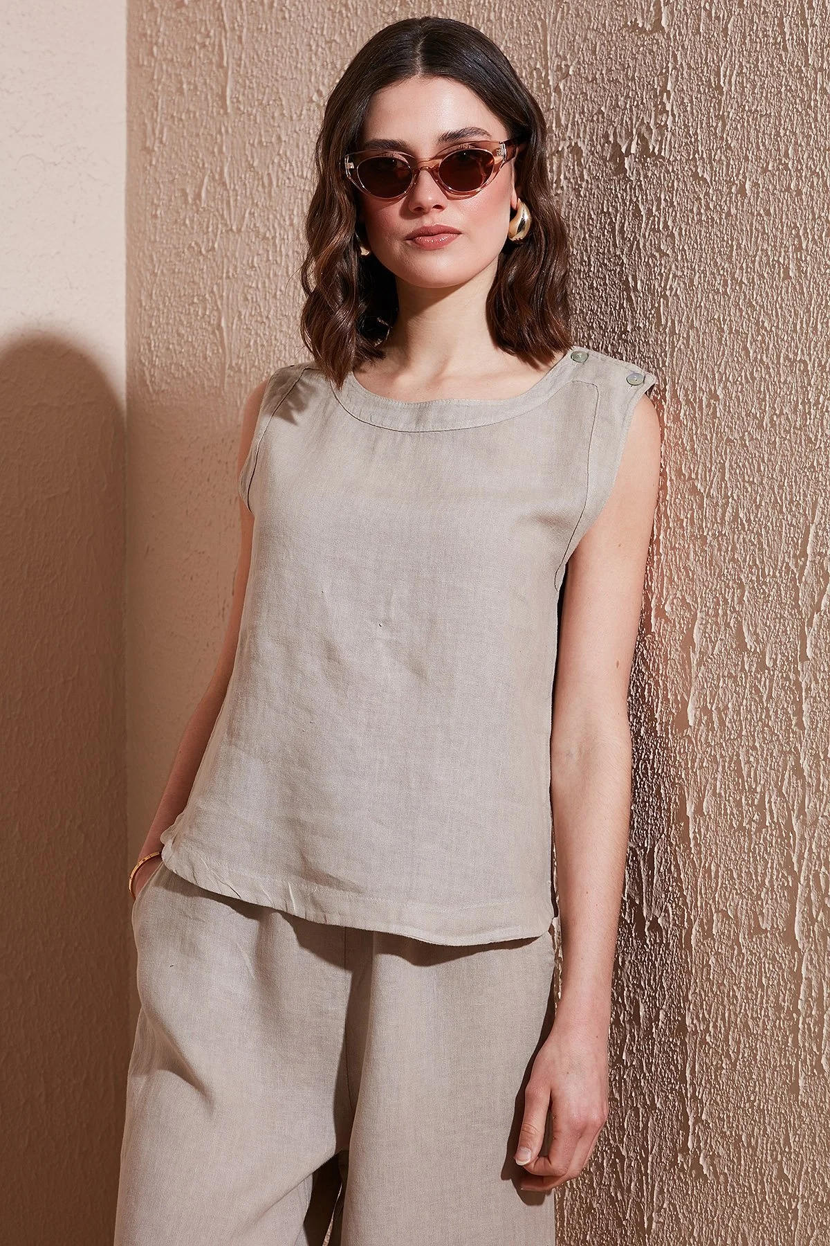 Via Dante Regular Fit Yuvarlak Yaka Oval Kesim Keten Bayan Top 6251687 TAŞ - 1