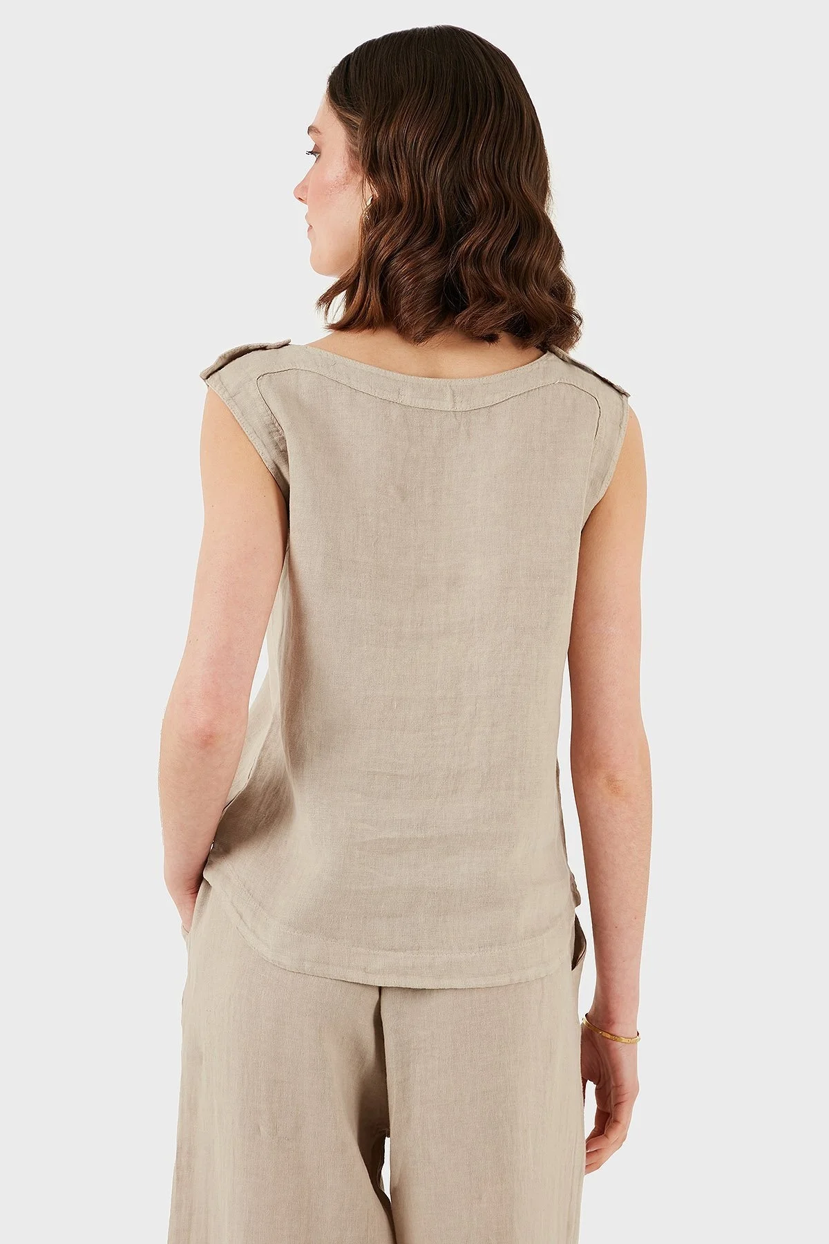 Via Dante Regular Fit Yuvarlak Yaka Oval Kesim Keten Bayan Top 6251687 TAŞ - 3