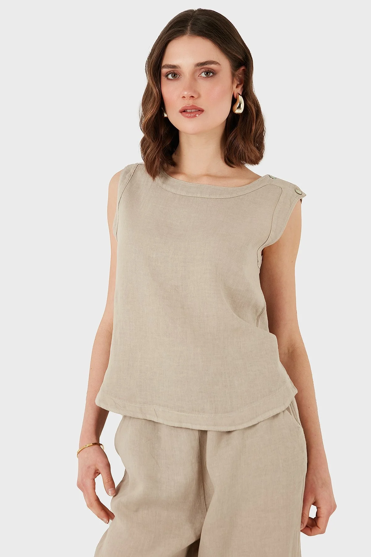 Via Dante Regular Fit Yuvarlak Yaka Oval Kesim Keten Bayan Top 6251687 TAŞ - 5