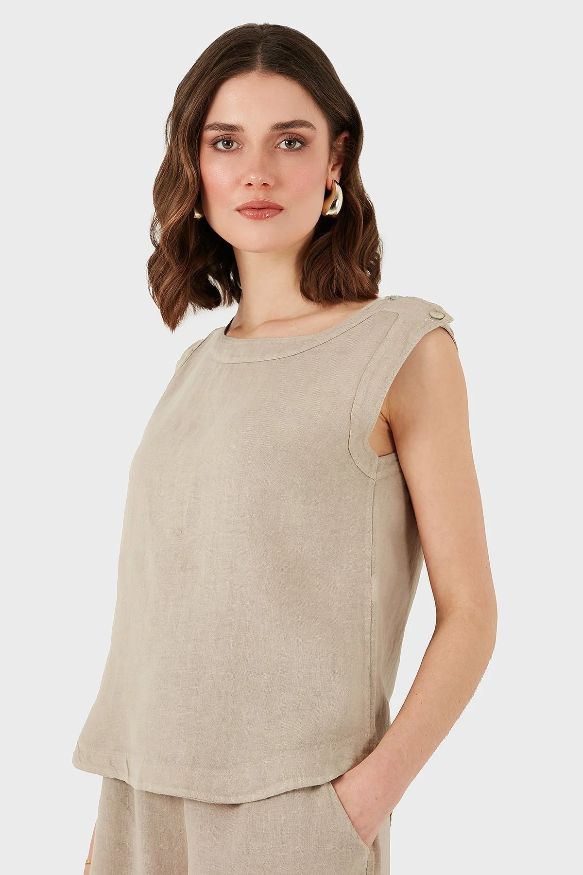 Via Dante Regular Fit Yuvarlak Yaka Oval Kesim Keten Bayan Top 6251687 TAŞ - 6