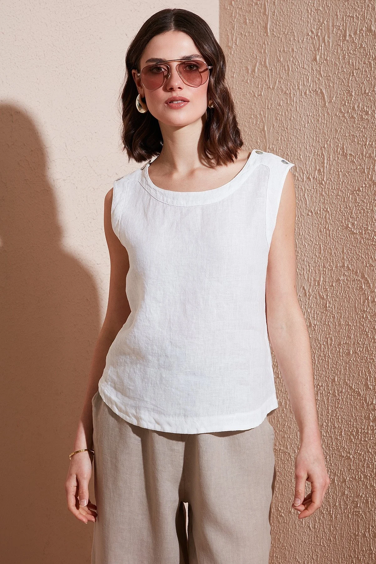 Via Dante Regular Fit Yuvarlak Yaka Oval Kesim Keten Bayan Top 6251714 EKRU - 1