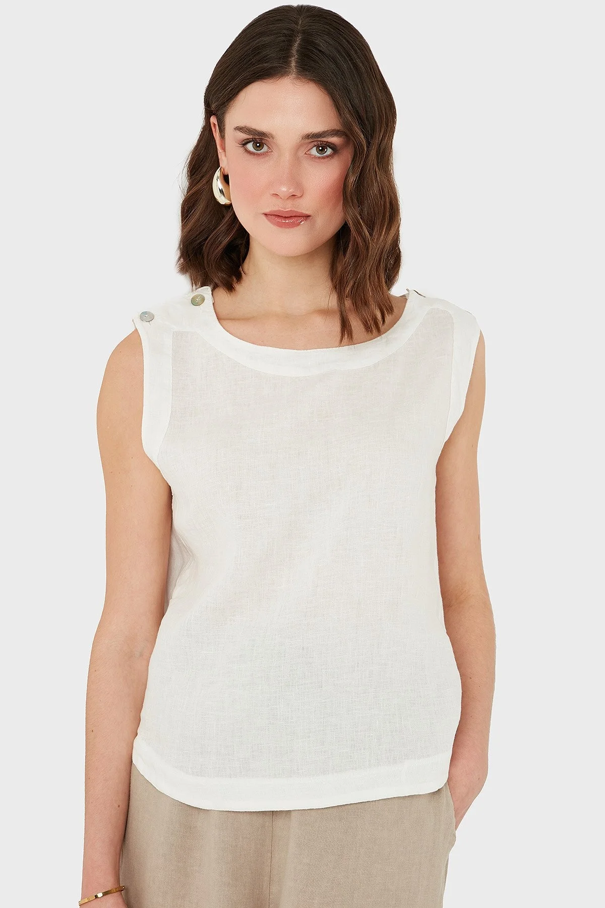 Via Dante Regular Fit Yuvarlak Yaka Oval Kesim Keten Bayan Top 6251714 EKRU - 5