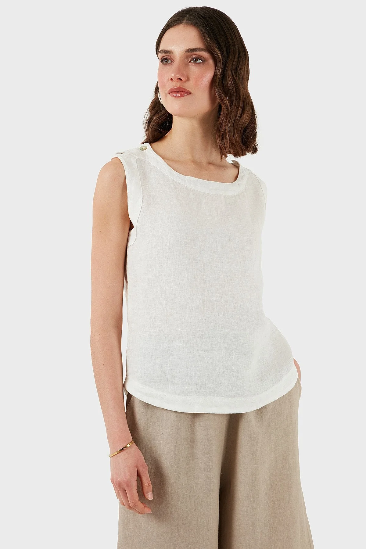 Via Dante Regular Fit Yuvarlak Yaka Oval Kesim Keten Bayan Top 6251714 EKRU - 6