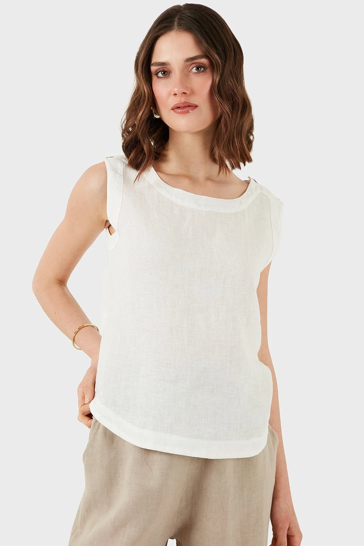 Via Dante Regular Fit Yuvarlak Yaka Oval Kesim Keten Bayan Top 6251714 EKRU - 7