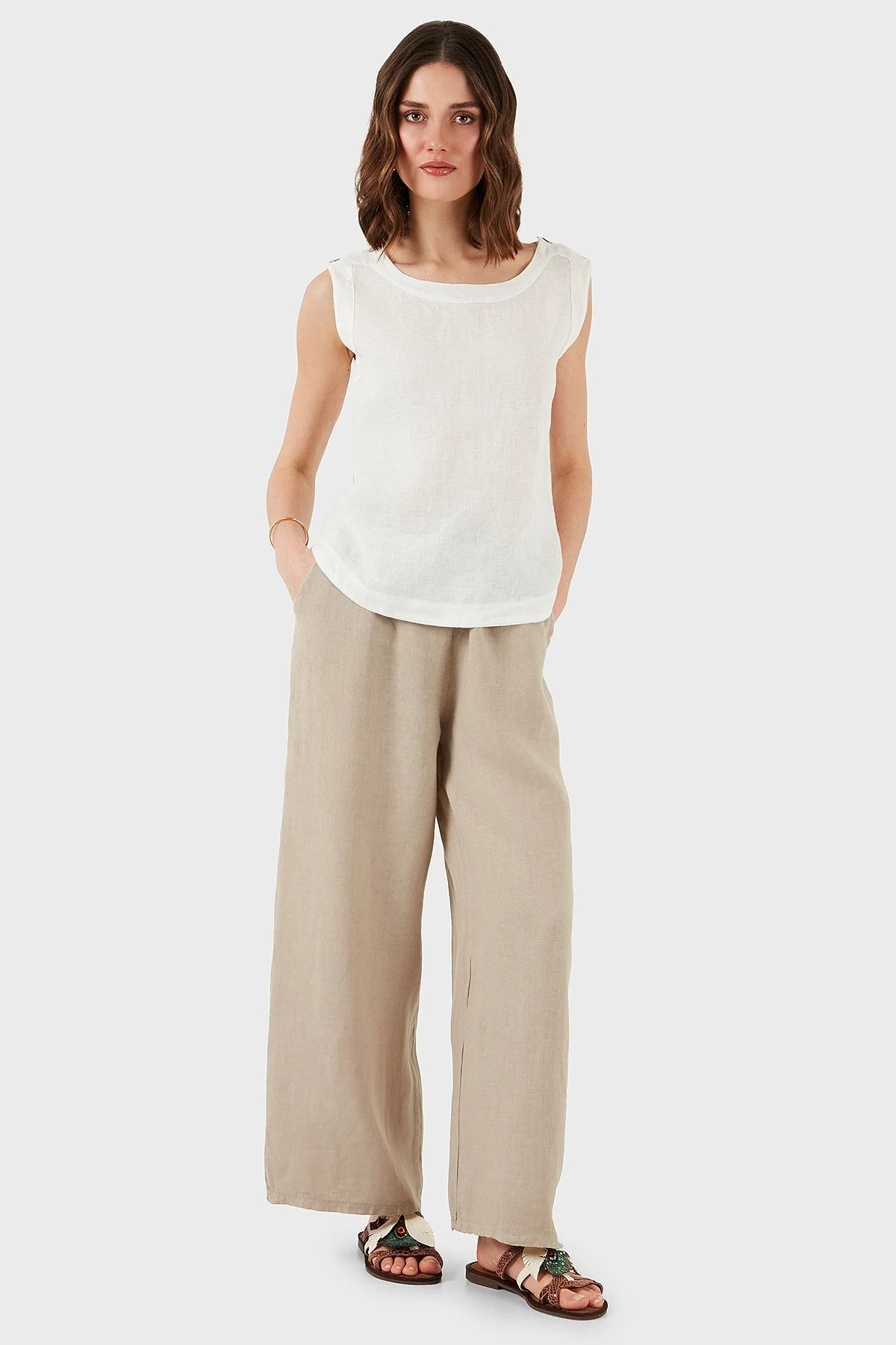 Via Dante Regular Fit Yuvarlak Yaka Oval Kesim Keten Kadın Top 6251714 EKRU - 2