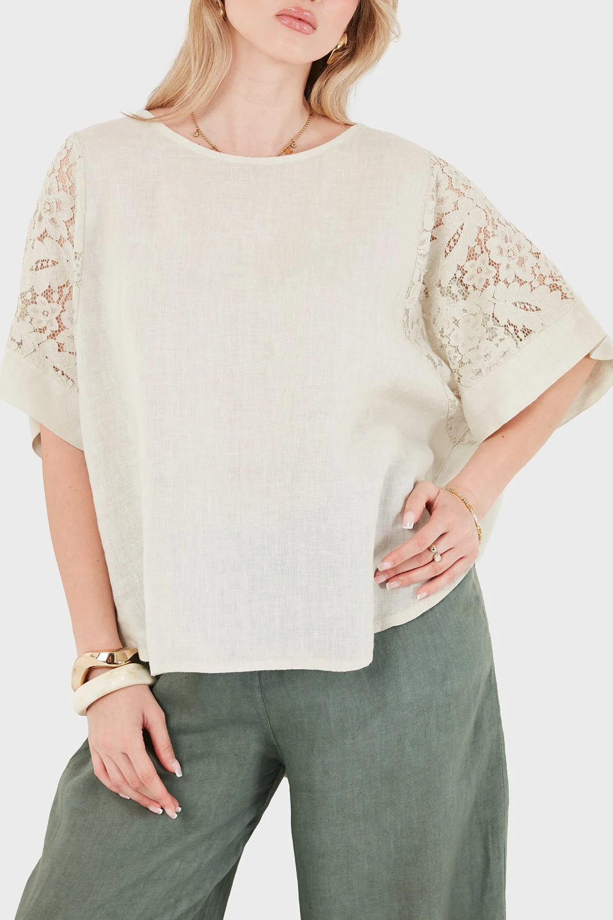 Via Dante Relaxed Fit Dantel Detaylı Keten Kadın Bluz 7222L BEJ - 6