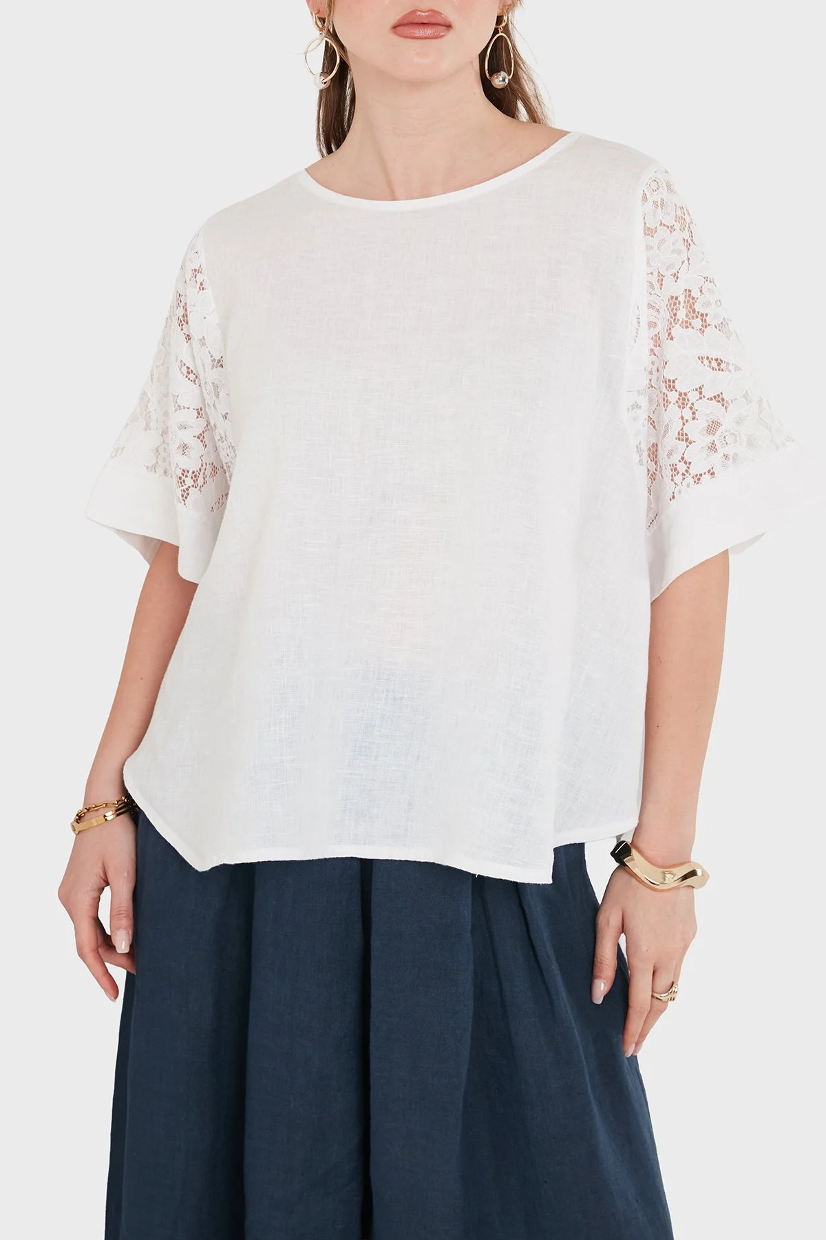 Via Dante Relaxed Fit Dantel Detaylı Keten Kadın Bluz 7222L BEYAZ - 5
