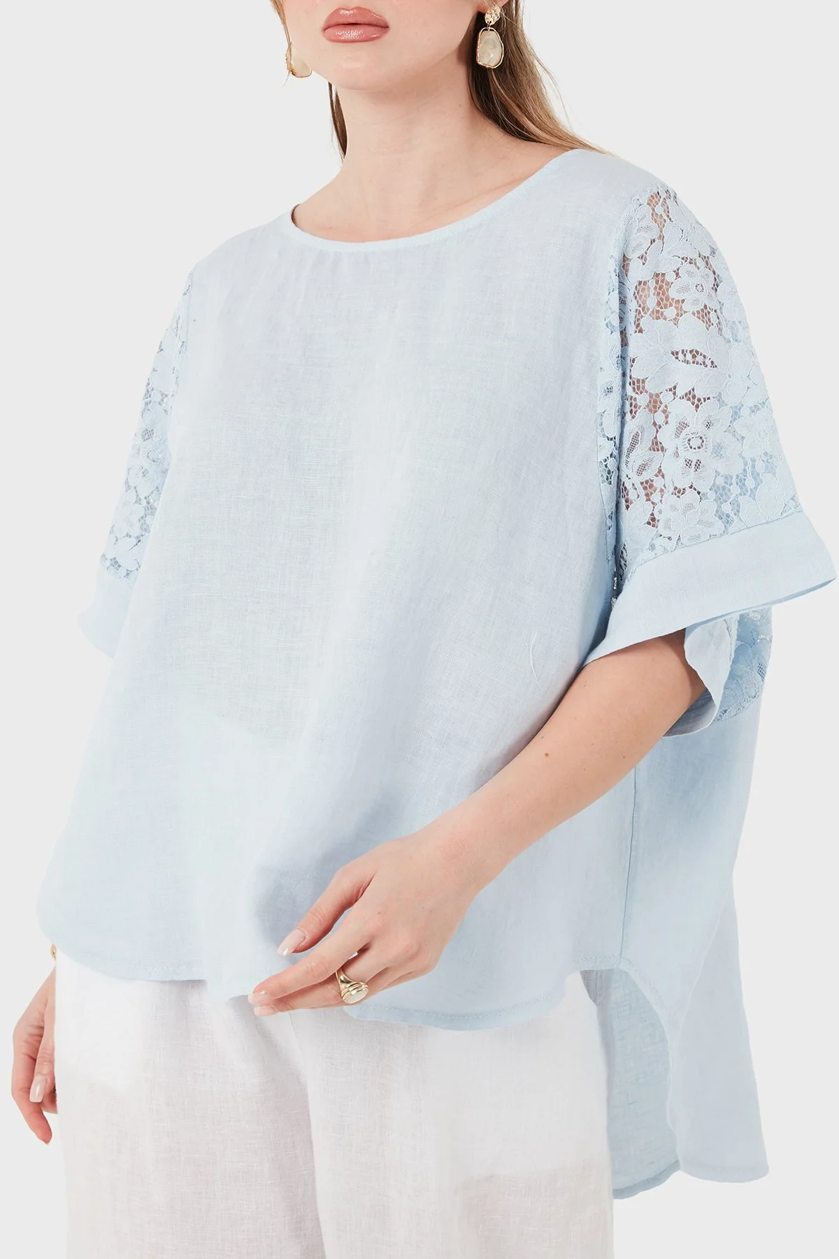 Via Dante Relaxed Fit Dantel Detaylı Keten Kadın Bluz 7222L MAVİ - 1