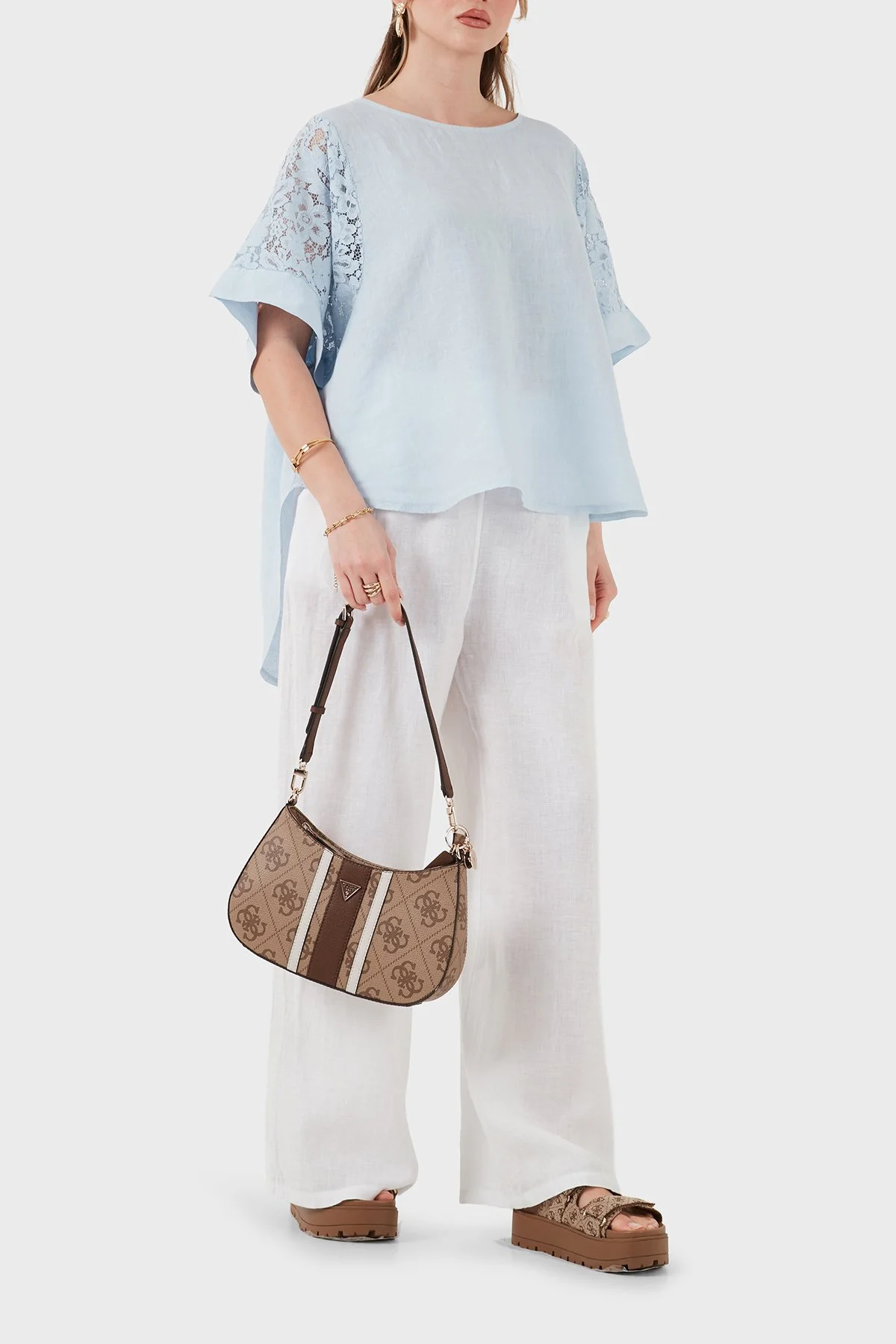 Via Dante Relaxed Fit Dantel Detaylı Keten Kadın Bluz 7222L MAVİ - 2