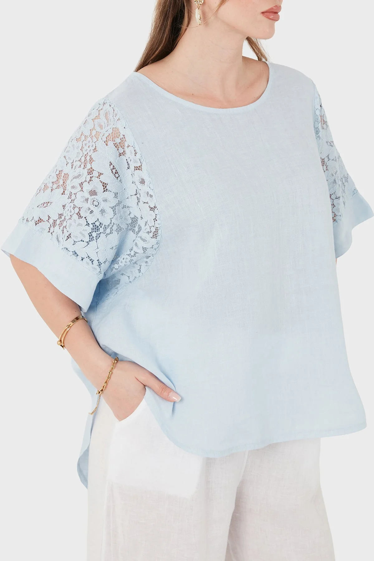 Via Dante Relaxed Fit Dantel Detaylı Keten Kadın Bluz 7222L MAVİ - 4