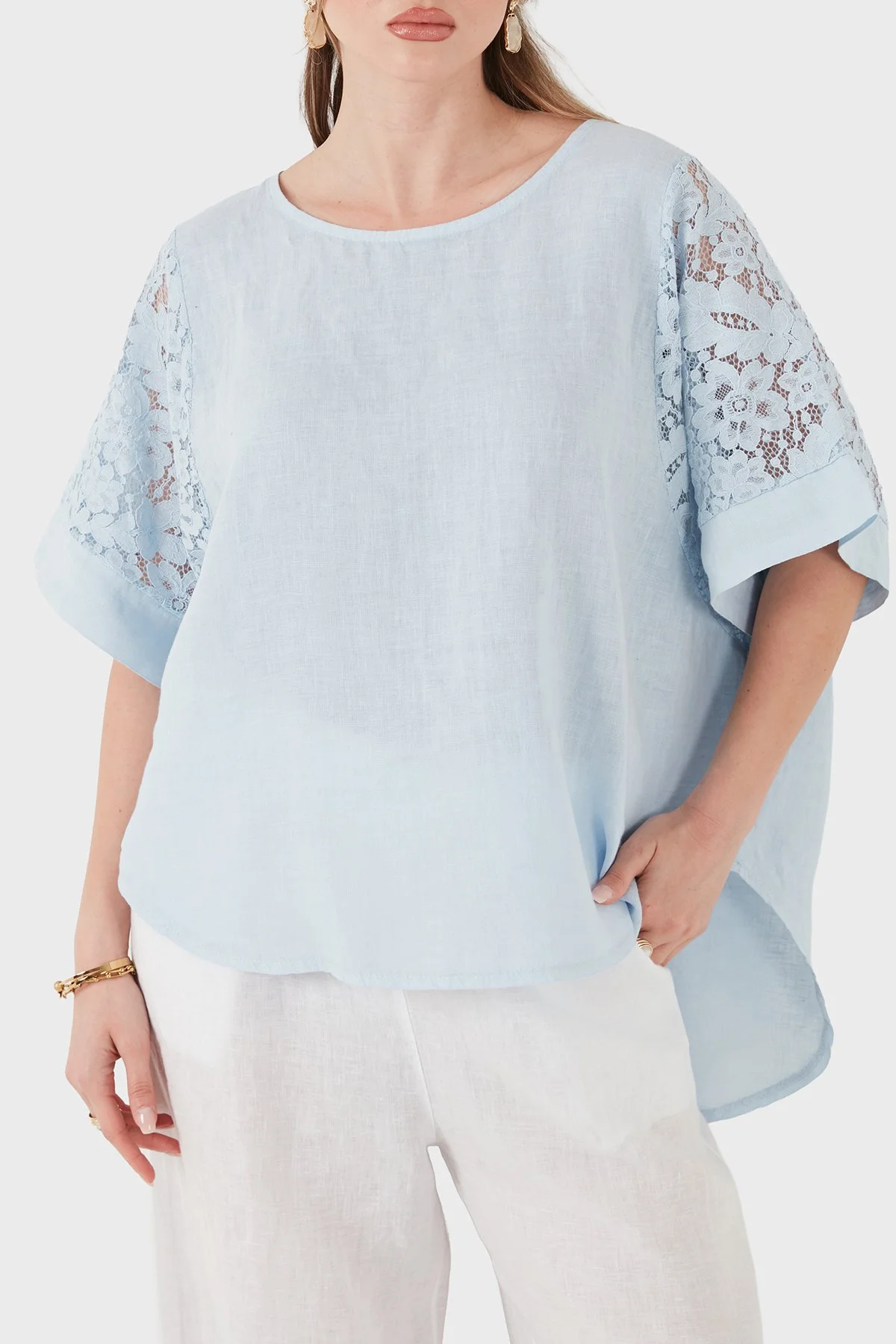 Via Dante Relaxed Fit Dantel Detaylı Keten Kadın Bluz 7222L MAVİ - 5