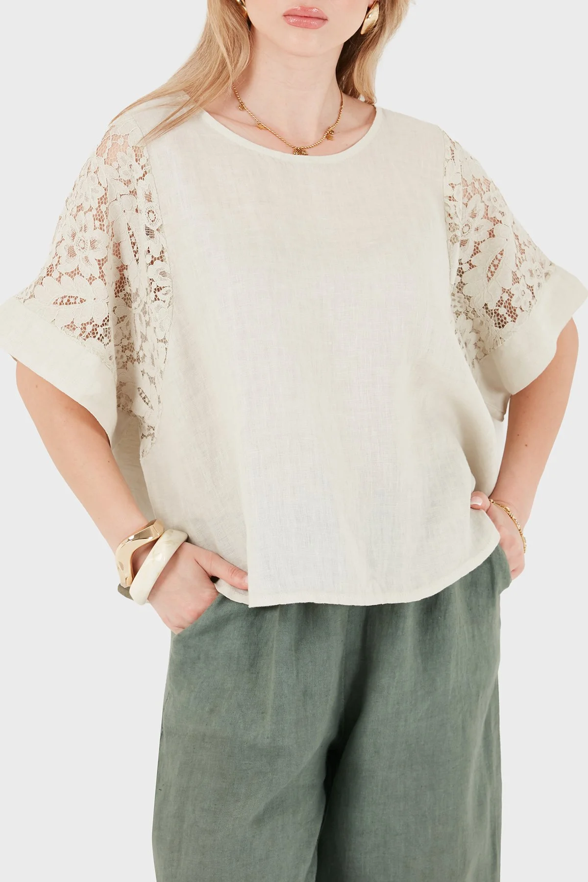 Via Dante Relaxed Fit Dantel Detaylı Keten Kadın Bluz 7222P BEJ - 1