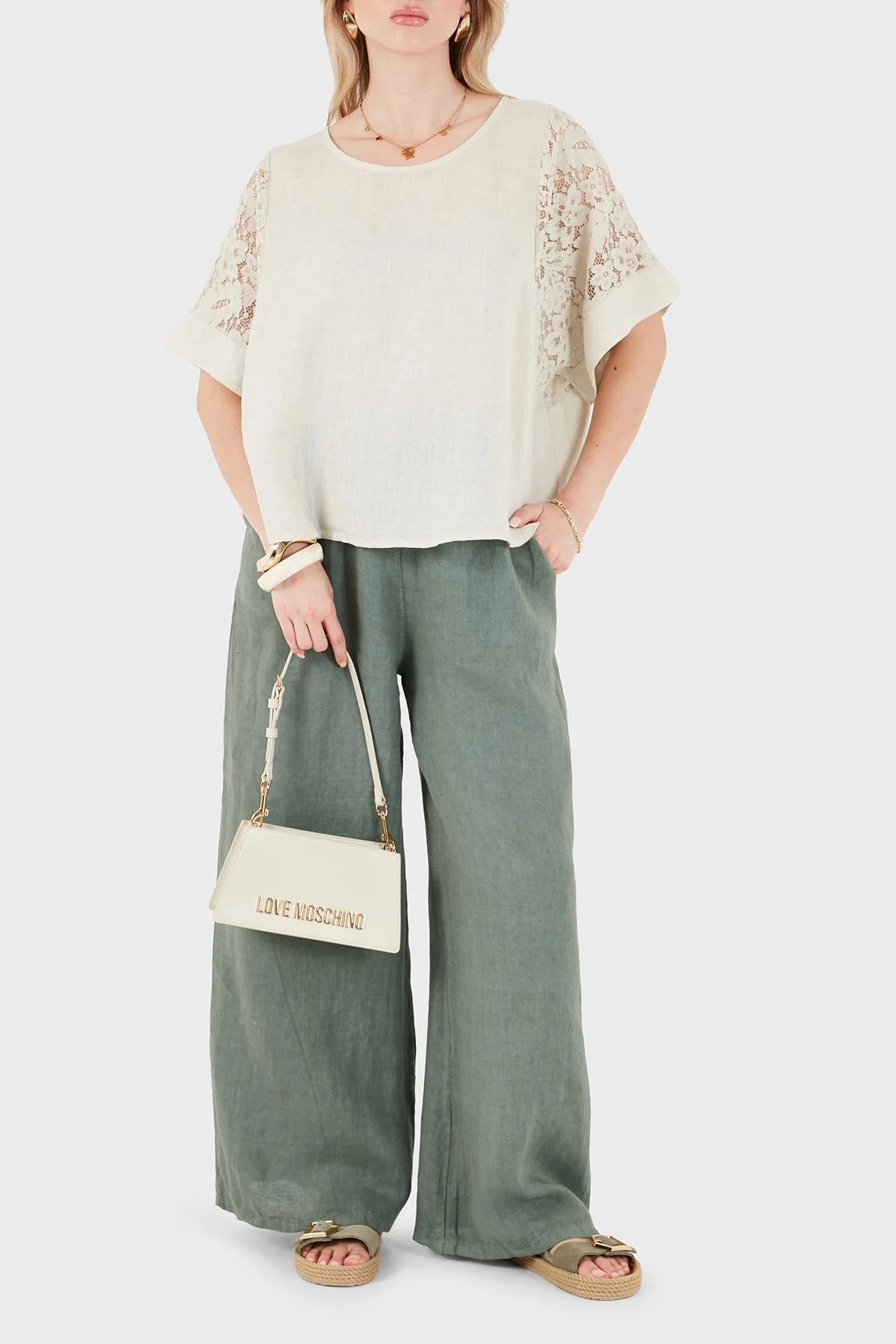 Via Dante Relaxed Fit Dantel Detaylı Keten Kadın Bluz 7222P BEJ - 2