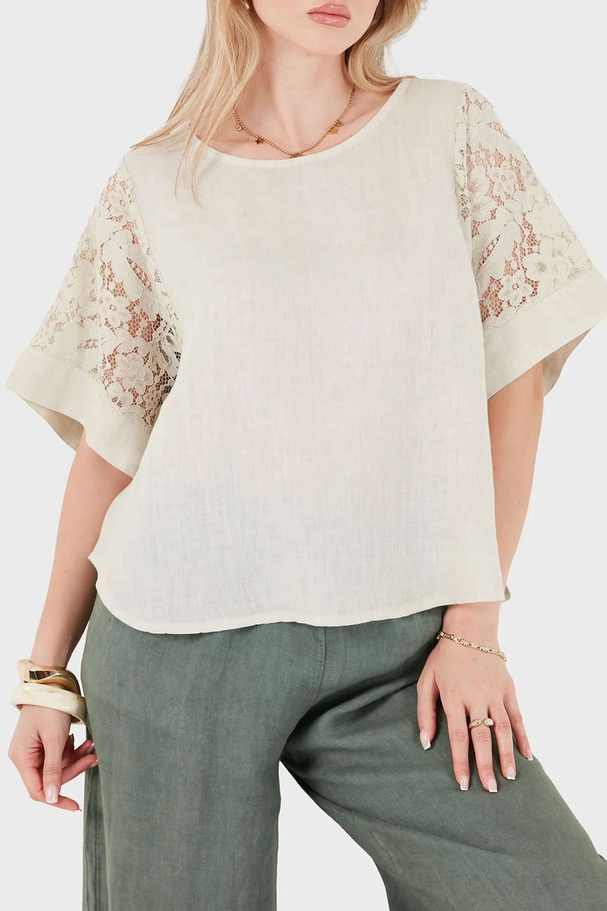 Via Dante Relaxed Fit Dantel Detaylı Keten Kadın Bluz 7222P BEJ - 4