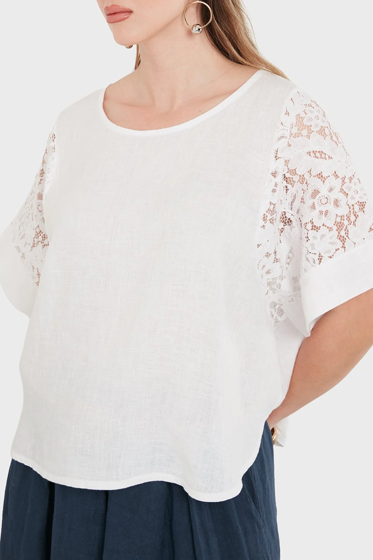 Via Dante Relaxed Fit Dantel Detaylı Keten Kadın Bluz 7222P BEYAZ - 1
