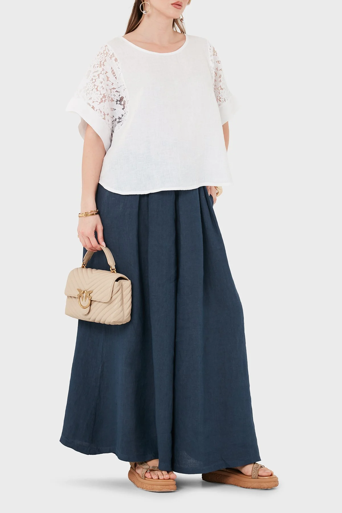 Via Dante Relaxed Fit Dantel Detaylı Keten Kadın Bluz 7222P BEYAZ - 2