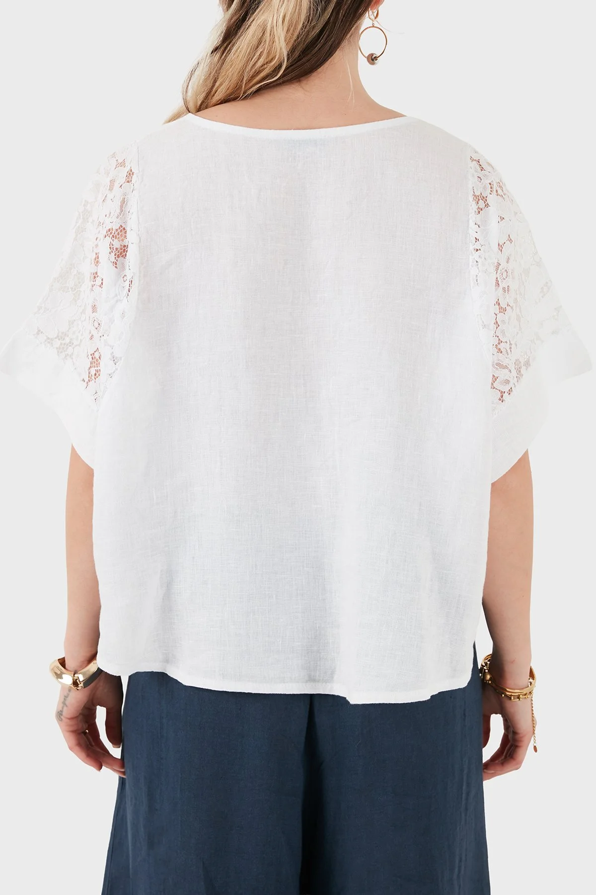 Via Dante Relaxed Fit Dantel Detaylı Keten Kadın Bluz 7222P BEYAZ - 3