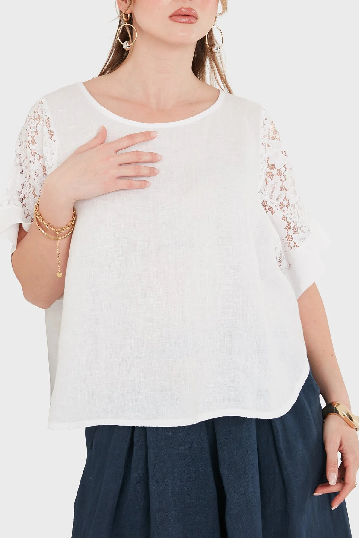 Via Dante Relaxed Fit Dantel Detaylı Keten Kadın Bluz 7222P BEYAZ - 4