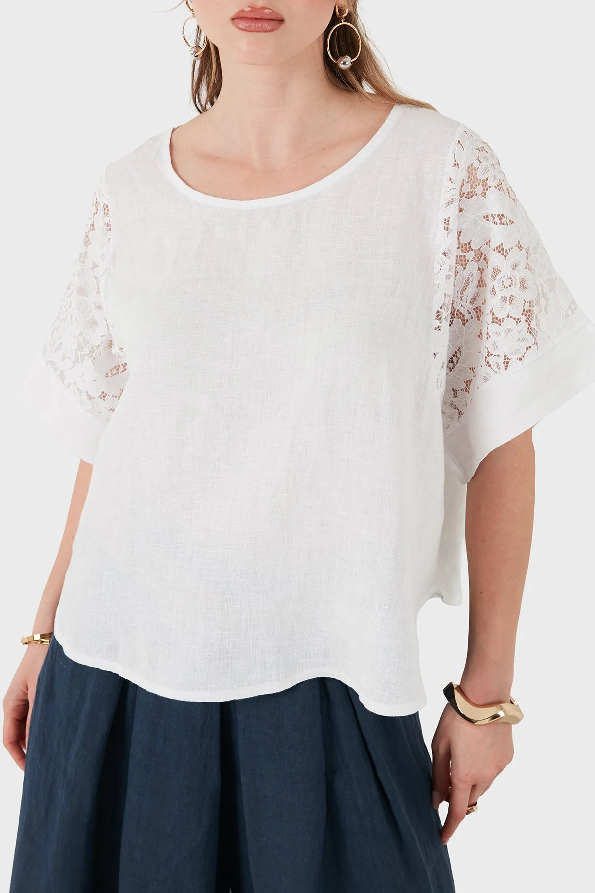 Via Dante Relaxed Fit Dantel Detaylı Keten Kadın Bluz 7222P BEYAZ - 5