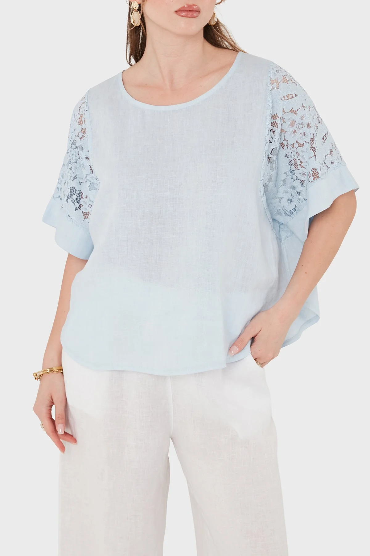 Via Dante Relaxed Fit Dantel Detaylı Keten Kadın Bluz 7222P MAVİ - 1
