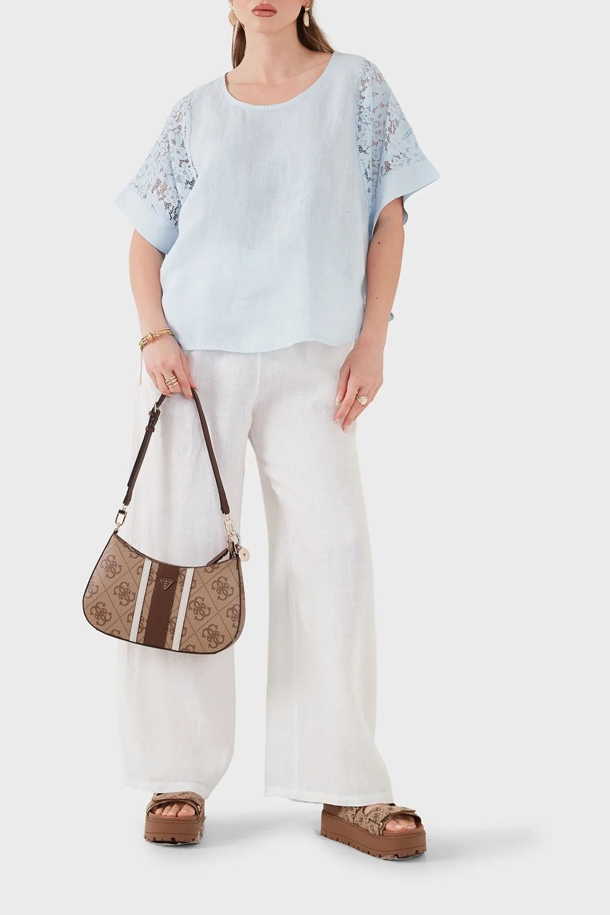 Via Dante Relaxed Fit Dantel Detaylı Keten Kadın Bluz 7222P MAVİ - 2