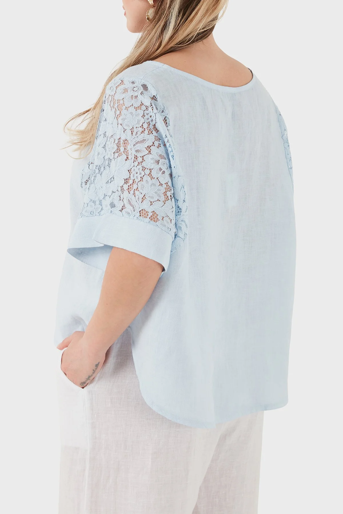 Via Dante Relaxed Fit Dantel Detaylı Keten Kadın Bluz 7222P MAVİ - 3