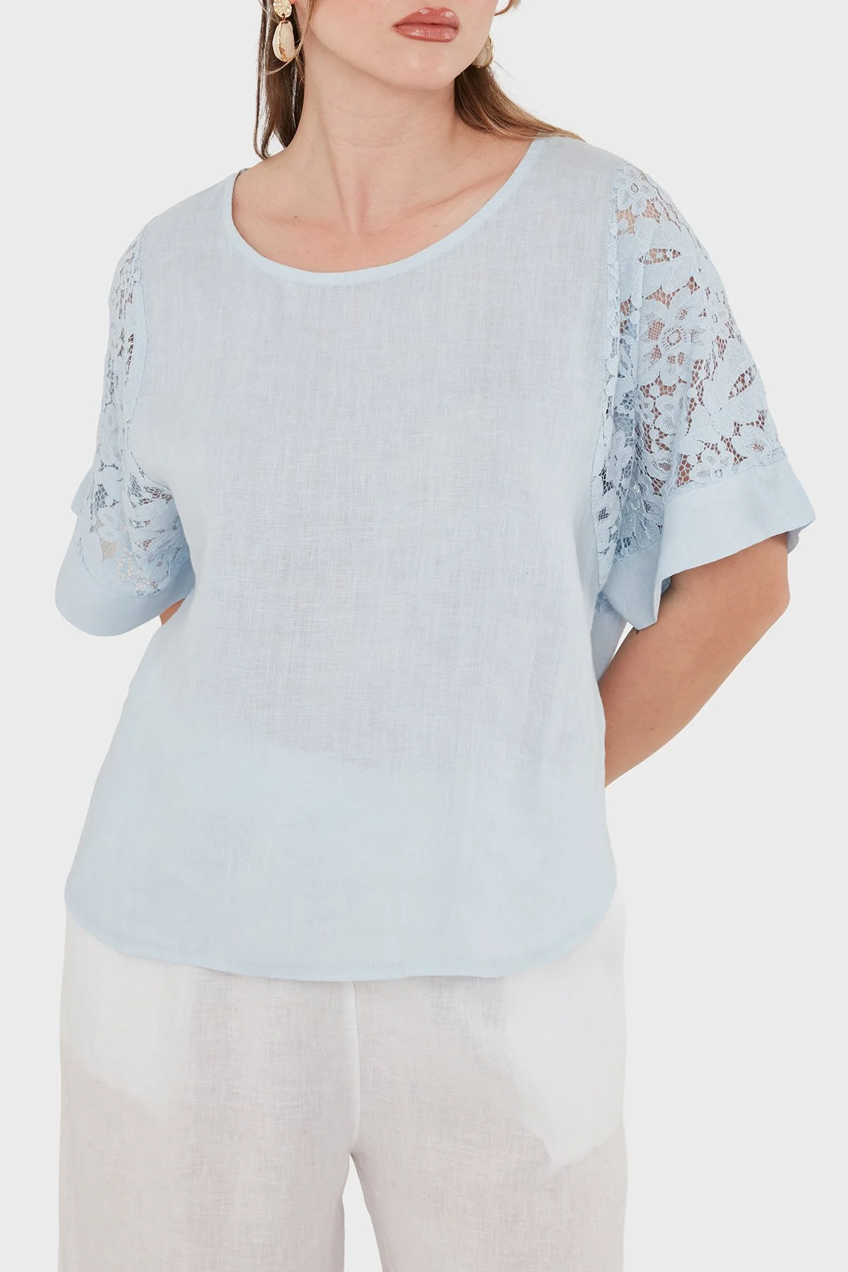 Via Dante Relaxed Fit Dantel Detaylı Keten Kadın Bluz 7222P MAVİ - 4
