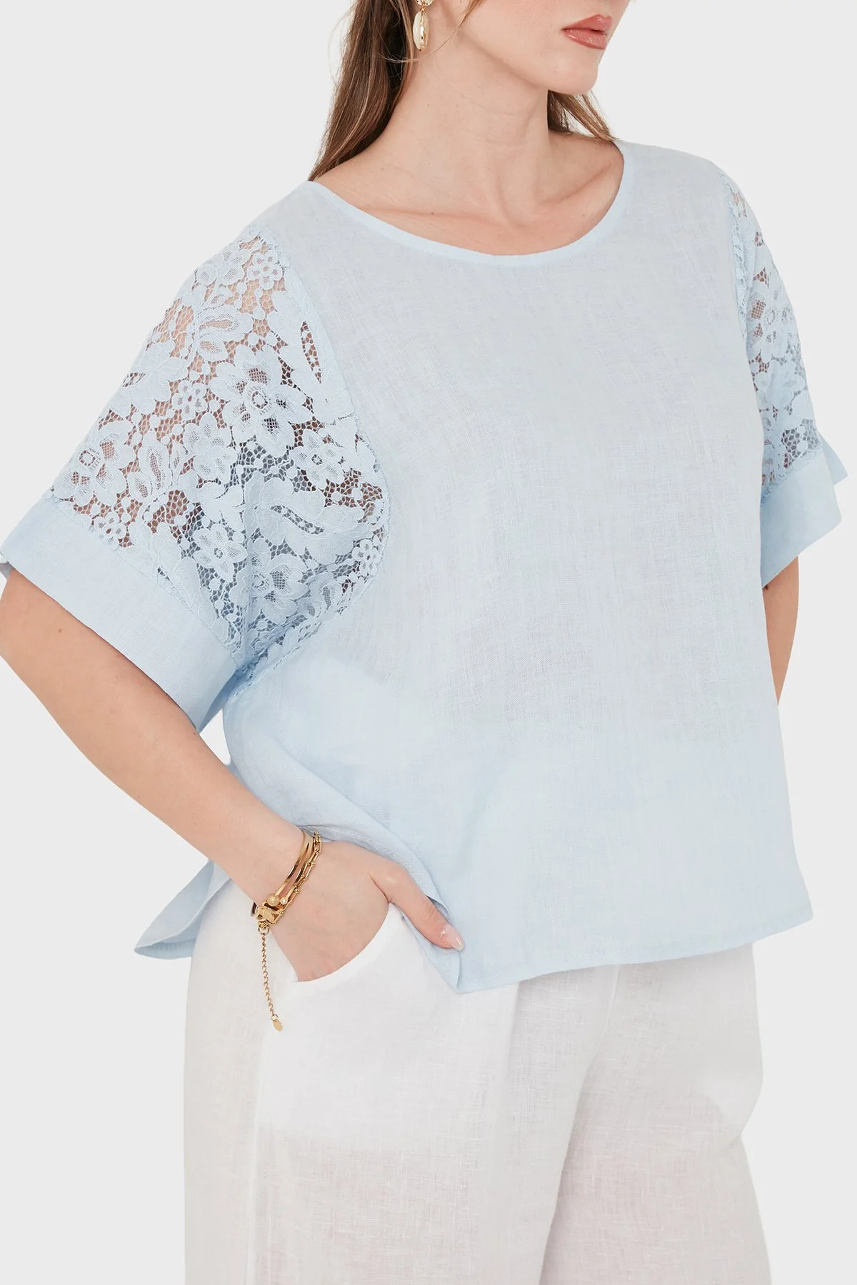 Via Dante Relaxed Fit Dantel Detaylı Keten Kadın Bluz 7222P MAVİ - 5