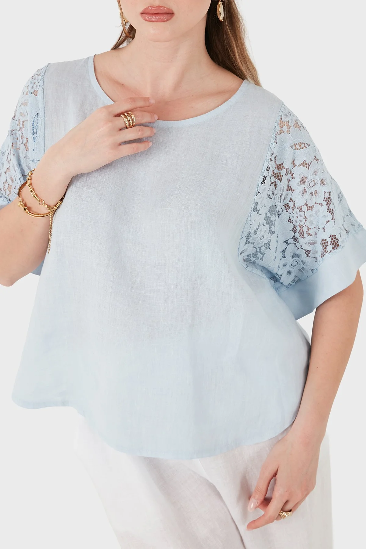 Via Dante Relaxed Fit Dantel Detaylı Keten Kadın Bluz 7222P MAVİ - 6