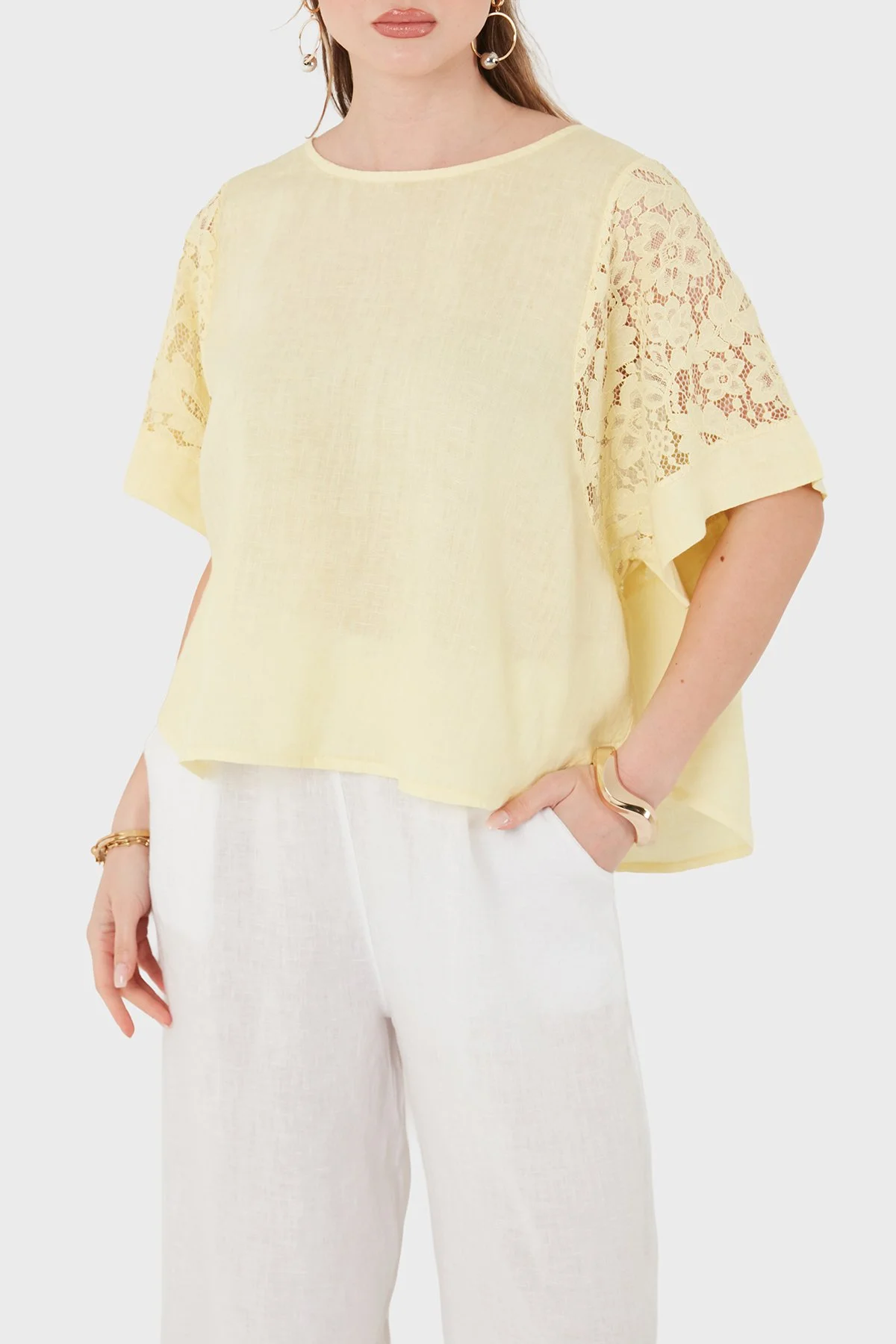 Via Dante Relaxed Fit Dantel Detaylı Keten Kadın Bluz 7222P SARI - 4