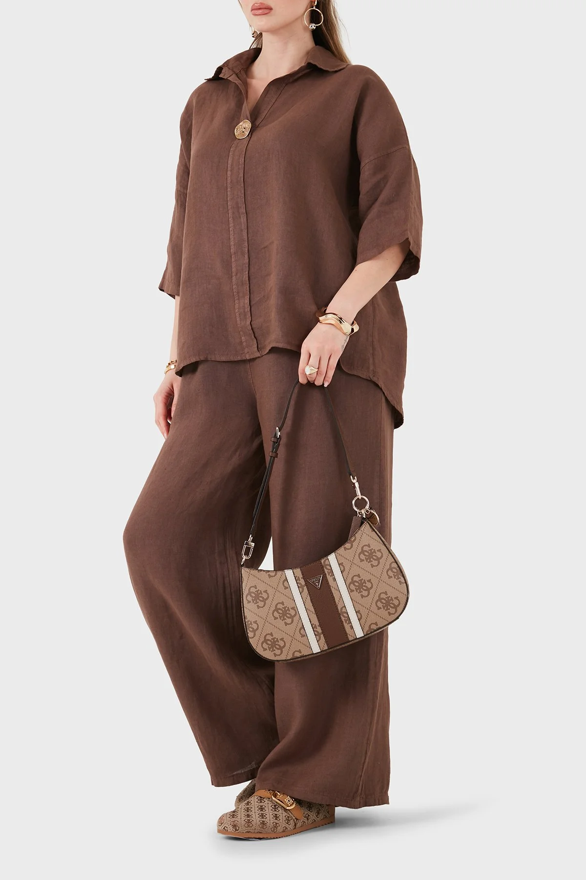 Via Dante Relaxed Fit Düğme Detaylı Klasik Yaka Keten Kadın Bluz 6617609 KAHVE - 2