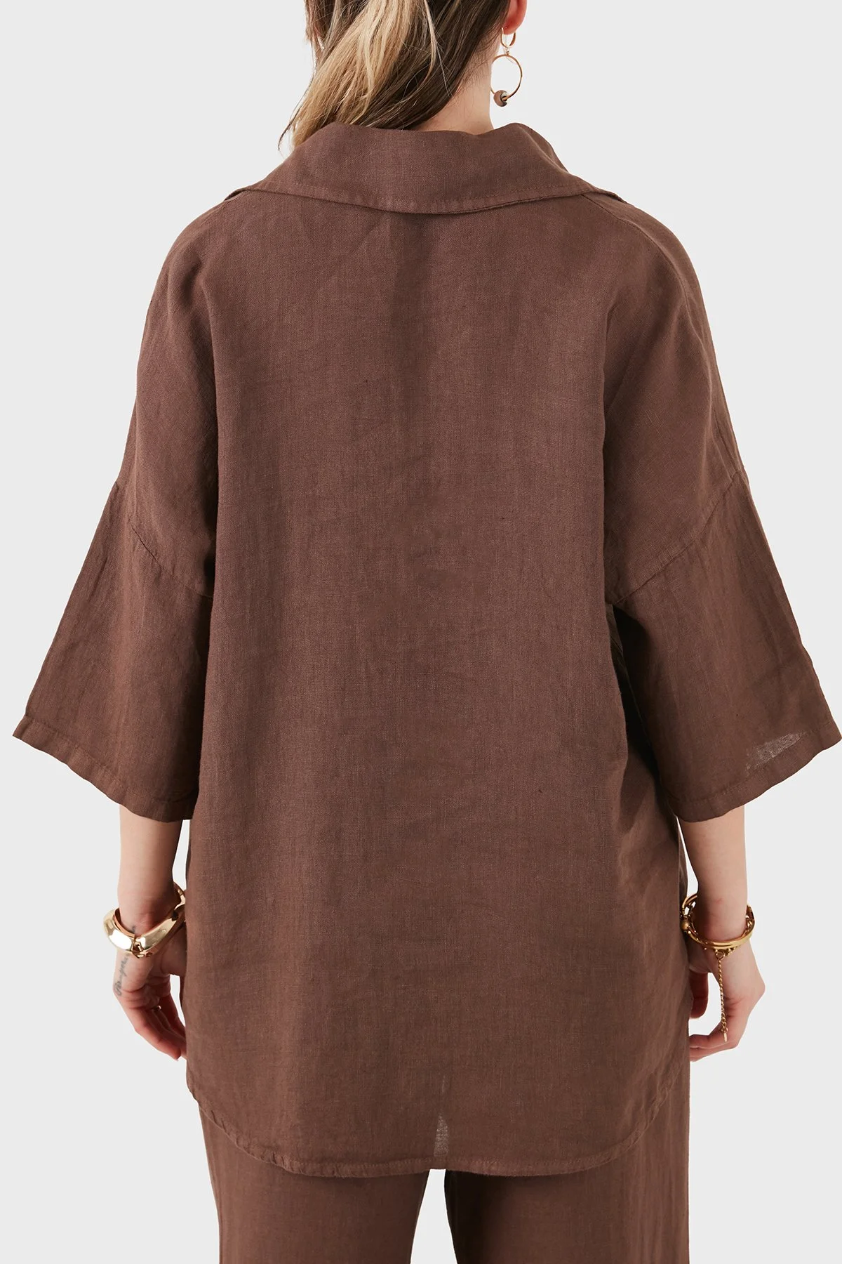 Via Dante Relaxed Fit Düğme Detaylı Klasik Yaka Keten Kadın Bluz 6617609 KAHVE - 3