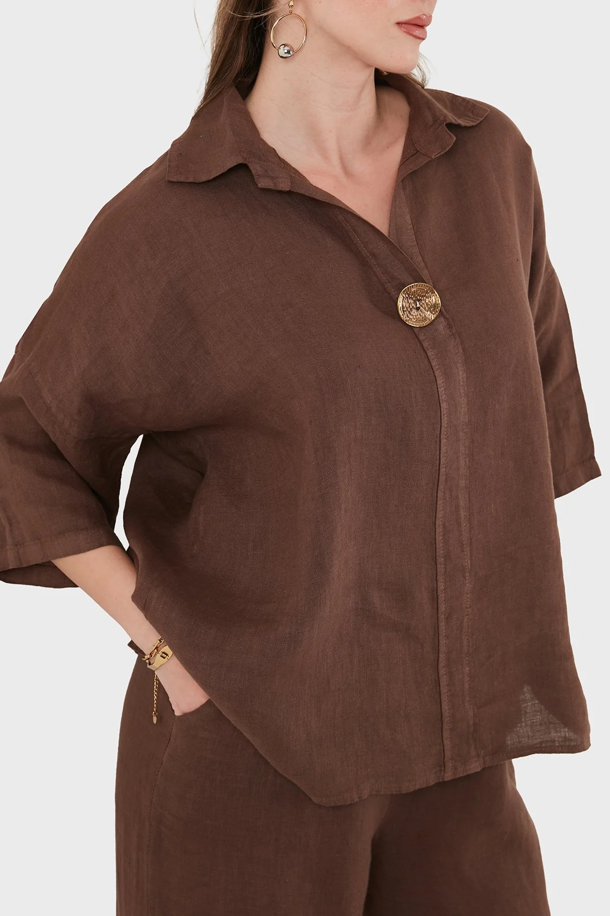 Via Dante Relaxed Fit Düğme Detaylı Klasik Yaka Keten Kadın Bluz 6617609 KAHVE - 5