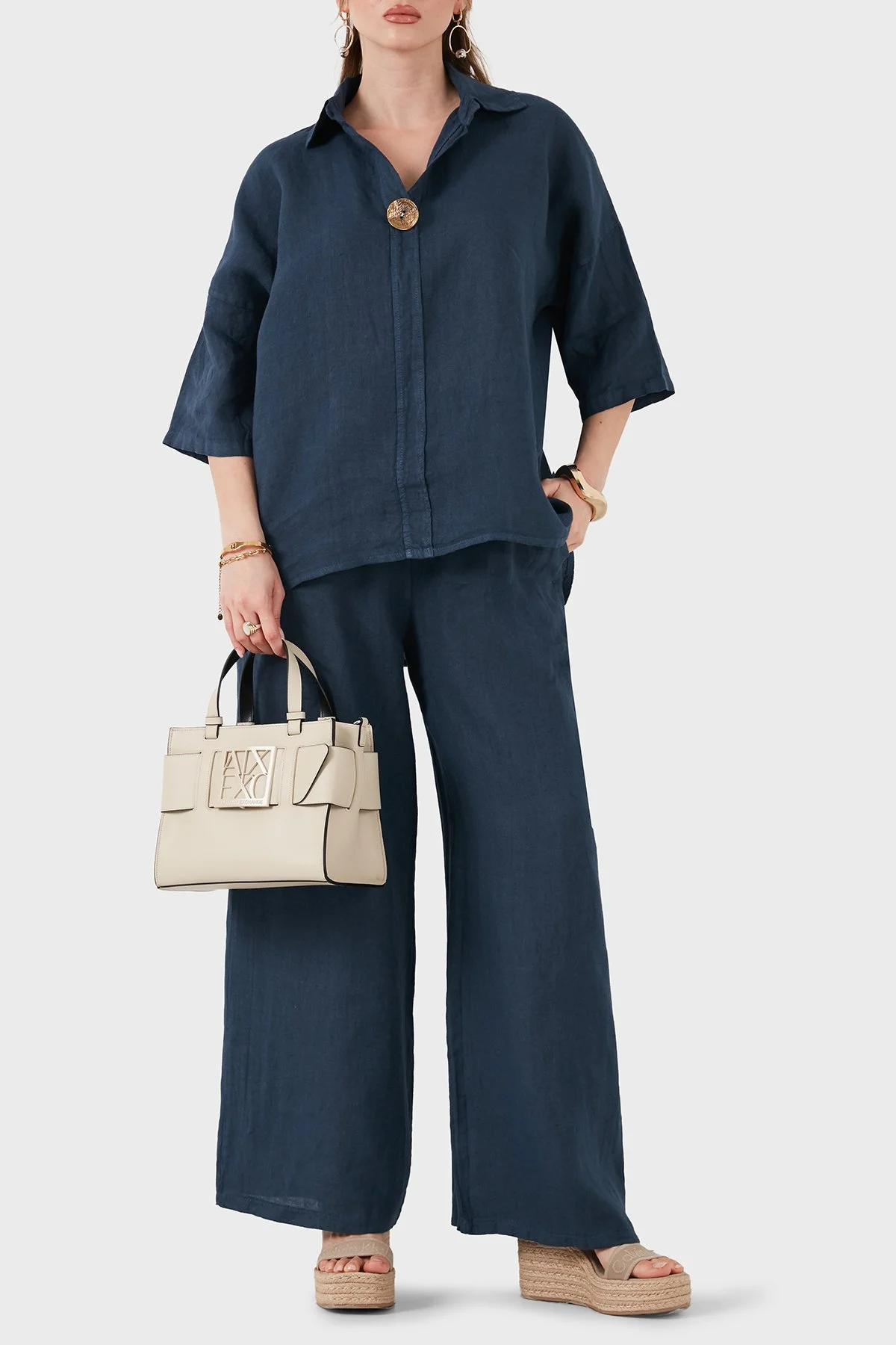 Via Dante Relaxed Fit Düğme Detaylı Klasik Yaka Keten Kadın Bluz 6617821 LACİVERT - 2