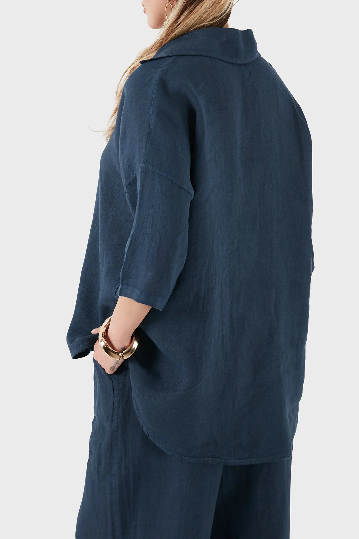 Via Dante Relaxed Fit Düğme Detaylı Klasik Yaka Keten Kadın Bluz 6617821 LACİVERT - 3