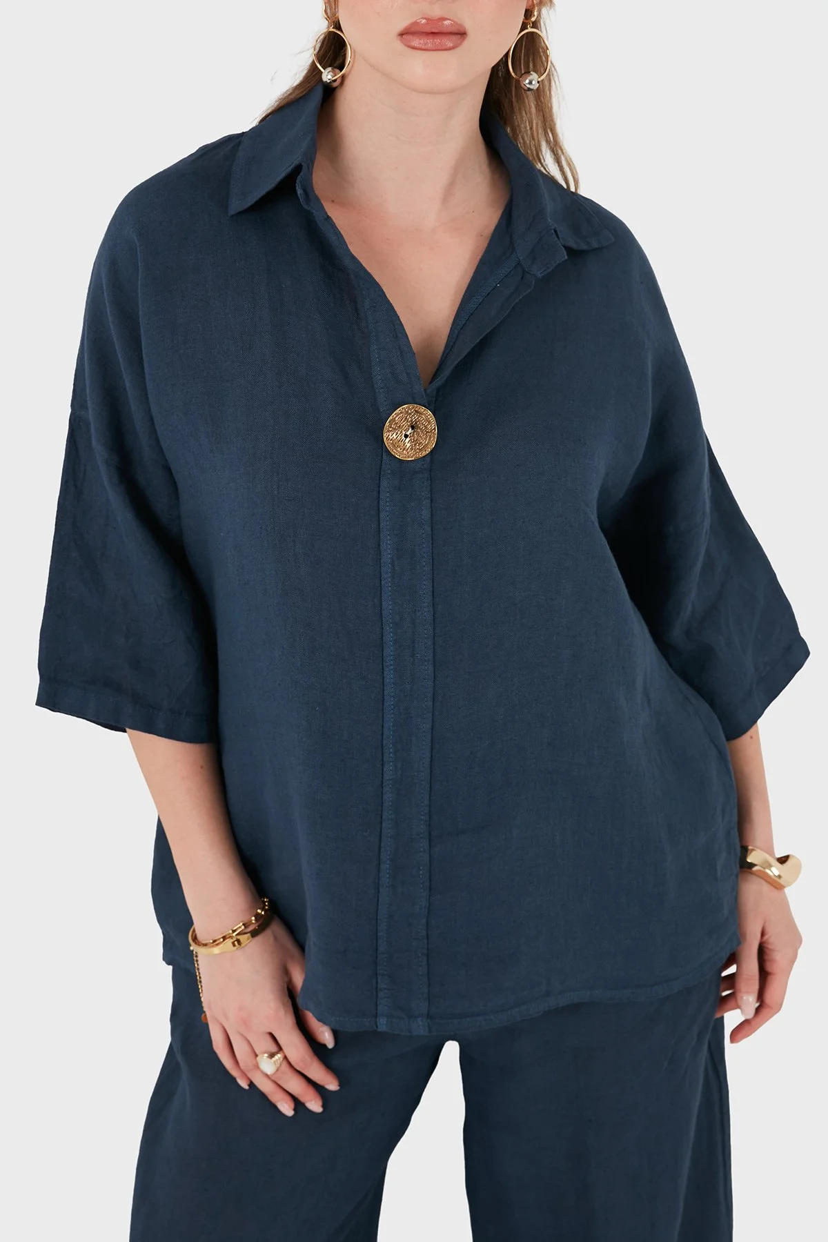 Via Dante Relaxed Fit Düğme Detaylı Klasik Yaka Keten Kadın Bluz 6617821 LACİVERT - 5