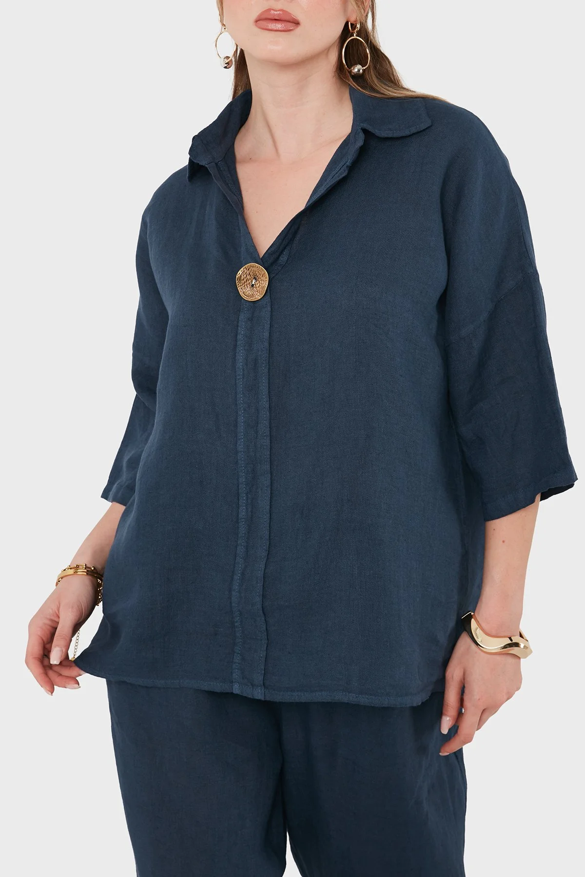 Via Dante Relaxed Fit Düğme Detaylı Klasik Yaka Keten Kadın Bluz 6617821 LACİVERT - 6