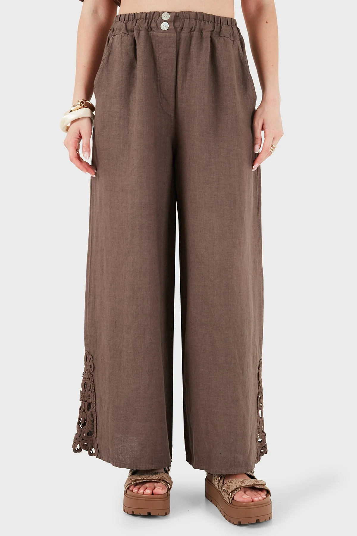 Via Dante Relaxed Fit Güpür Detaylı Bol Paça Keten Kadın Pantolon 699E10941 KAHVE - 2