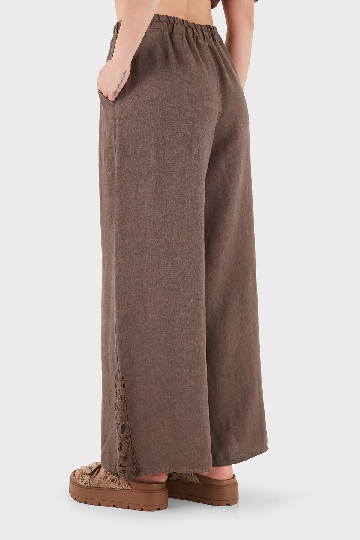 Via Dante Relaxed Fit Güpür Detaylı Bol Paça Keten Kadın Pantolon 699E10941 KAHVE - 3